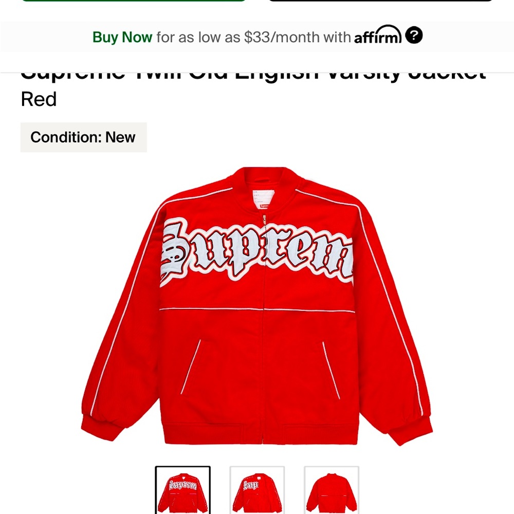 SUPREME TWILL OLD ENGLISH VARSITY JACKET SZ LARGE